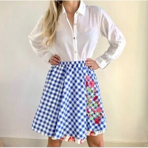 Matilda Jane Blue Gingham Floral Embroidered Strawberry Ruffle Skirt Women's XS